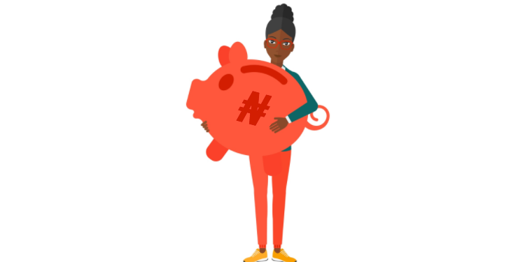 Woman carrying a piggy bank with naira sign