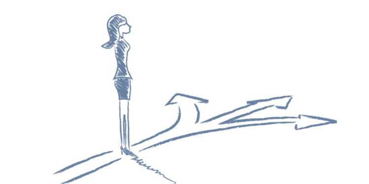 woman standing at a crossroads with three arrows