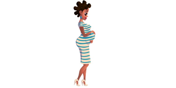 Black pregnant new mum holding belly and wearing heels