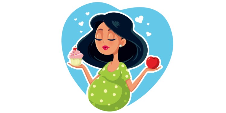 carbs vs healthy eating. pregnant woman holding cake and apple