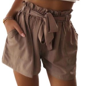 model wearing brown loose shorts